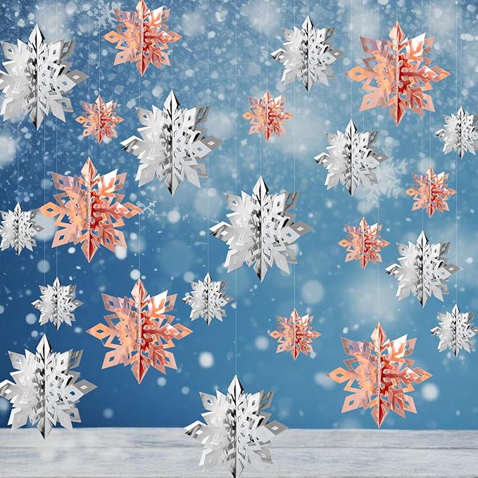 OuMuaMua Winter Christmas Snowflake Decorations Indoor, 36PCS 3D Silver Rose Gold Snowflakes Christmas Hanging Ornaments for Home Xmas Christmas Holiday Winter Wonderland New Year Party Decor Supplies