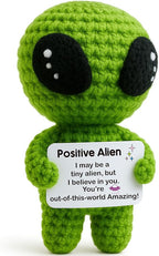 Positive Alien Crochet Plush with Message Affirmation Card - Appreciation Birthday Gift for Women Men, Her Him, Teen, Boy Girl, Inspirational College High School Graduation Congrats Grad Decoration