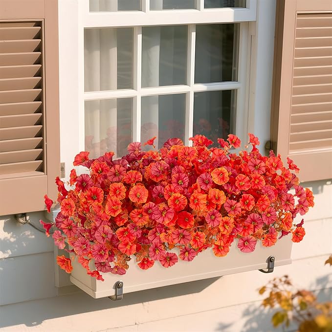 Fall Artificial Flowers for Decoration, 12 Bundles Fake Mums Autumn Flower Plants Petunias, Faux Silk Morning Glory Eucalyptus for Planter Garden Porch Front Door Window Box, Orange Red