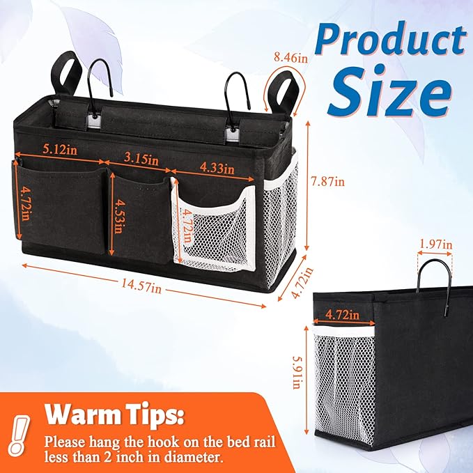Loghot Bedside Caddy/Bedside Storage Bag Hanging Organizer for Bunk and Hospital Beds,Dorm Rooms Bed Rails,Can be Placed Glasses,Books,Mobile Phones,Keys (New Black-1)