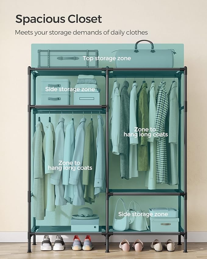 SONGMICS Heavy Duty Clothes Rack, 65 Inch Freestanding Portable Wardrobe with Hanging Rails and Shelves, Total Load 242 lb, Easy Assembly, for Cloakroom, Bedroom, Black URDR201B02