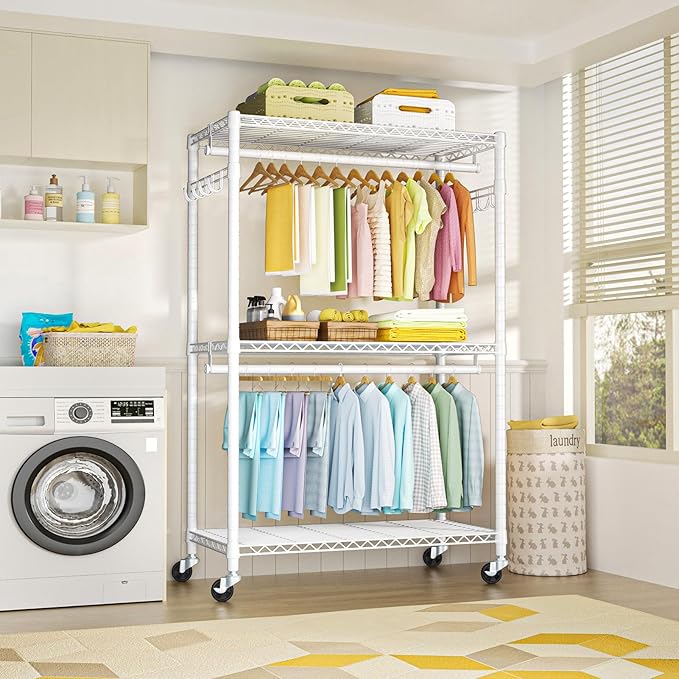 FUTASSI P1 Plus Rolling Clothes Rack, 22mm Diameter Heavy Duty Garment Rack with Wheels, Portable Closet Wardrobe with Double Rods, 45" W x 17.7" D x 80.5" H, Max Load 524 LBS, White