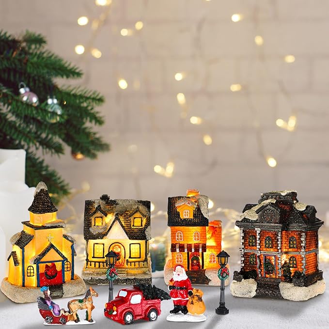 Wettarn 26 Pcs LED Christmas Villages Houses Sets Xmas Figurines Decoration Lighted LED Christmas Village Houses Building Collectible Home Decoration Xmas Gifts Indoor Room Decor