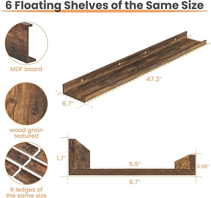 upsimples Floating Shelves for Wall, 47.3 Inch Shelves for Decor Storage Set of 6, Wall Mounted Wood Shelf for Bedroom, Living Room, Bathroom, Kitchen, Long Picture Ledge Shelves, Brown