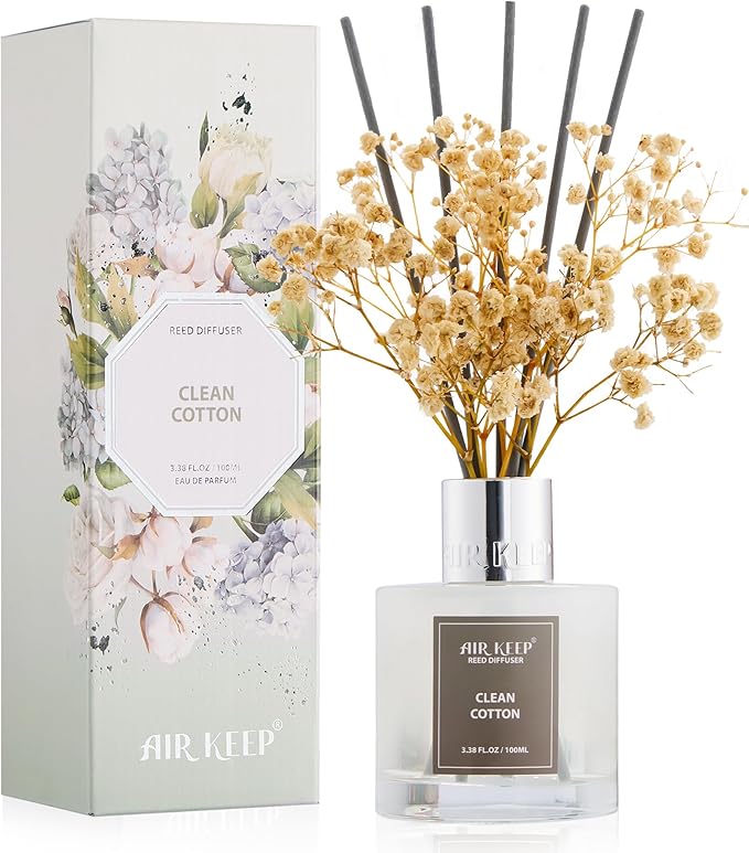 Airkeep Reed Diffuser Set,3.38 fl oz (100 ml) - Clean Cotton Oil Diffusers with 8 Reed Sticks, Home Fragrance Reed Diffuser for Bathroom Shelf Decor