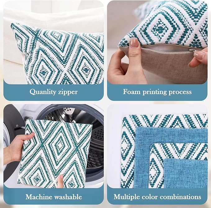 HPUK Decorative Throw Pillow Covers Set of 4 Geometric Design Linen Cushion Cover for Couch Sofa Living Room, 20"x20" inches, Aqua Blue