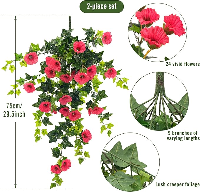 Artificial Flowers Faux Outdoor Plants Artificial Petunias For Outdoors Uv Resistant Fake Petunias Plants Hanging Flower Patio Decor Outside Basket Realistic Silk Plant No Pot(Rose Red 2pcs)