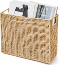 Woven Magazine Holder, 15'' x 6'' x 11'' Book Basket with Built-in Handles, Narrow File Storage Newspaper Organizer for Living Room, Bedroom, Office, Bathroom