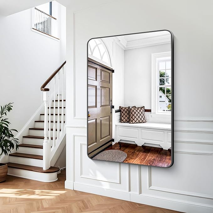 BONEWEI Black Bathroom Mirror,60x40 inch Wall Mirror for Bathroom Wall Mounted,Rectangle Mirror for Bathroom Over Sink,Modern Frame Round Corner for Living Room,Bedroom Entryway,Horizontal/Vertical