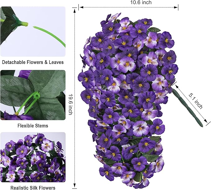 HyeFlora Artificial Flowers for Outdoors 2pcs Faux Silk Pansy Vines Lush UV Resistant Fake Hanging Flower Plants for Outside Porch Yard Patio Window Box (Mix Purple)