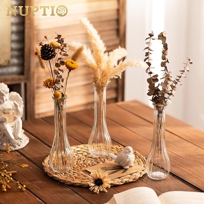 NUPTIO Glass Bud Vases Centerpiece: 6 Pcs Small Flower Vase for Wedding in Bulk - Cute Clear Ribbed Vase for Party Events Home Table Decor