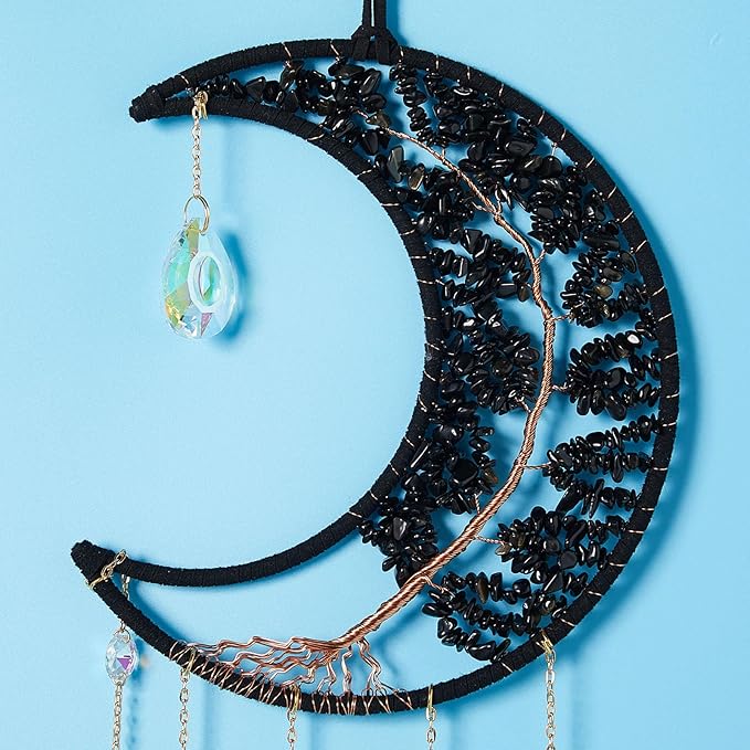 Agate Gemstone Big Dream Catcher 7 Chakra Tree of Life Dream Catcher with Crystal Stones Handmade Dreamcatcher Wall Decor for Adults Boys Girls,Bedroom,Garden,Bless Gift(Large Black Moon)