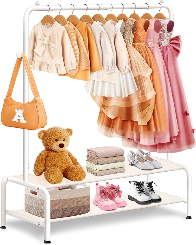 Kids Clothing Rack - Dress Up Clothes Rack - Baby Toddler Closet - Mini Freestanding Coat Racks with 2 Fabric Shelves - Small Kids Costume Wardrobe - Garment Rack for Hanging Clothes Organizer