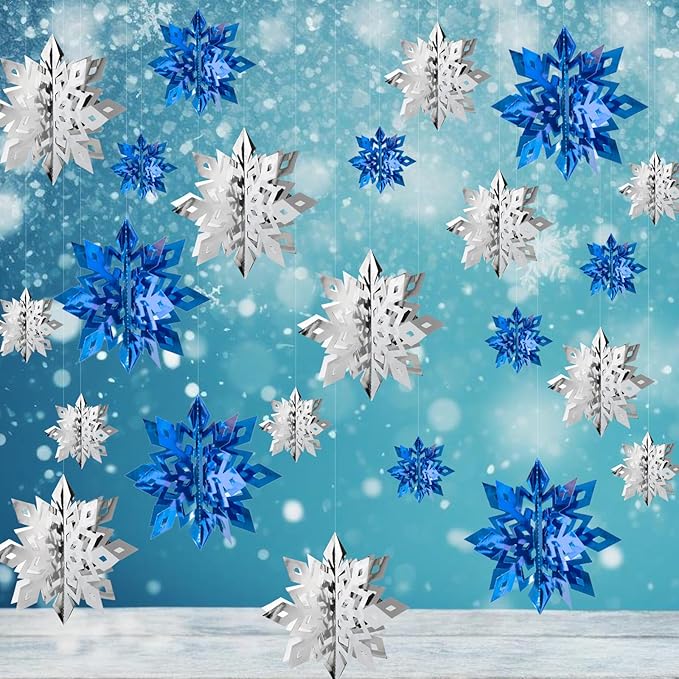 OuMuaMua Winter Christmas Snowflake Decorations Indoor, 24PCS 3D Silver Blue Snowflakes Christmas Hanging Ornaments for Home Xmas Xmas Holiday Winter Wonderland New Year Party Decor Supplies