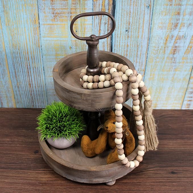 CVHOMEDECO. Wood Beads Garland with Tassels Farmhouse Rustic Wooden Prayer Bead String Wall Hanging Accent for Home Festival Decor. Mix Distressed