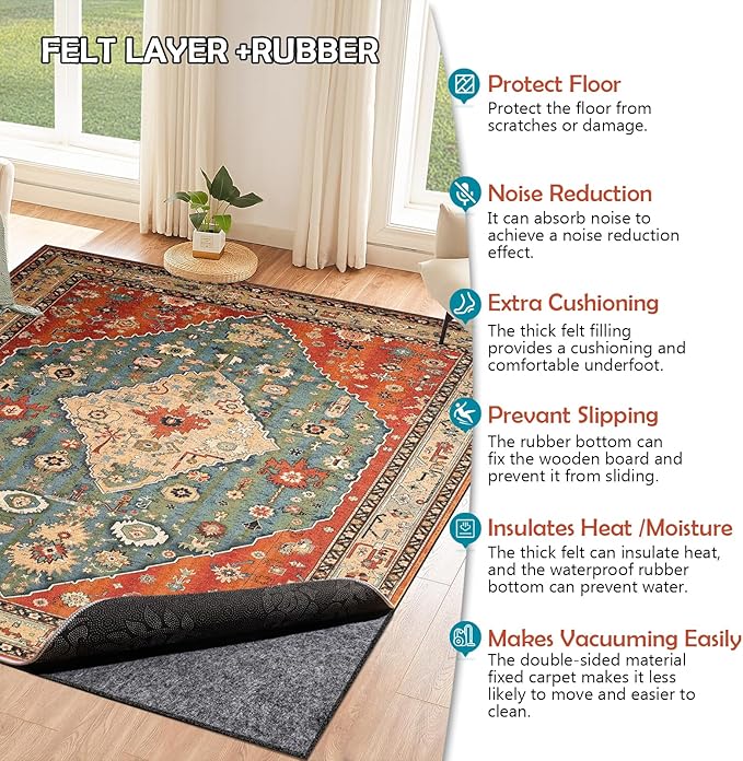 Waterproof Rug Pad, Thick 7x9 Ft Under Area Rug Carpet Pad, Non Slip Rug Pads for All Floors and Hardwood Floors Finishes, Keep Carpets in Place Soft and Prevent Rug from Wrinkling or Buckling