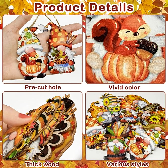 Fall Thanksgiving Gnomes Wooden Hanging Ornaments, Autumn Wood Hanging Pendant Decoration for Fall Tree Wooden Tags Slices Cutouts for Classroom Home Decor Holiday Party Supplies