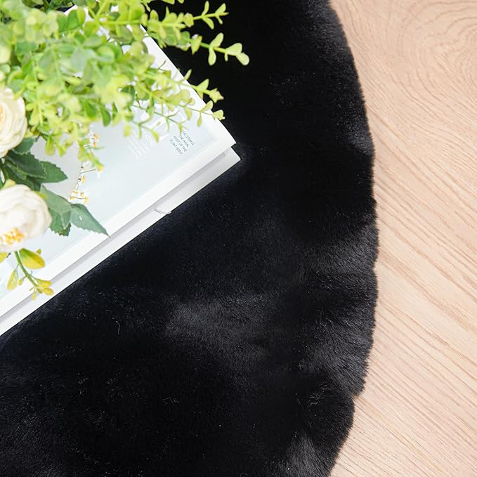 Round Rugs 6ft Faux Rabbit Fur Rug Fluffy Rug for Bedroom Black Faux Fur Machine Washable Area Rugs Living Room Teen Room Home Decor
