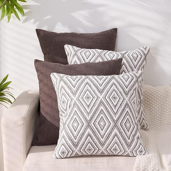 HPUK Decorative Throw Pillow Covers Set of 4 Dark Gray Geometric Design Linen Cushion Cover for Couch Sofa Living Room, 18"x18", Natural