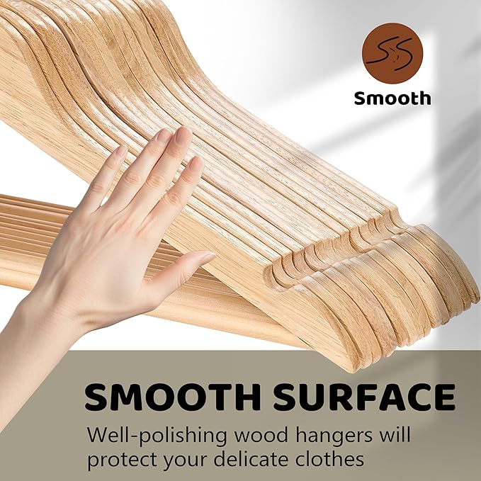 Wooden Hangers 20 Pack, Durable Wood Hangers with 360° Swivel Hook & Notches, Slim Coat Hanger Wooden for Closet, Natural