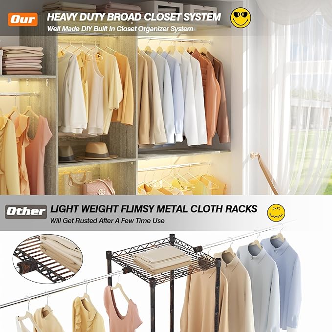 8FT Closet System with Shelves, 96'' Closet Organizer System with 3 Hanging Rods, Wall Mount Bedroom Wardrobe Walk-in Closet, Adjustable Cloth Garment Rack from 5 to 8FT(Cut to Fit), White Oak