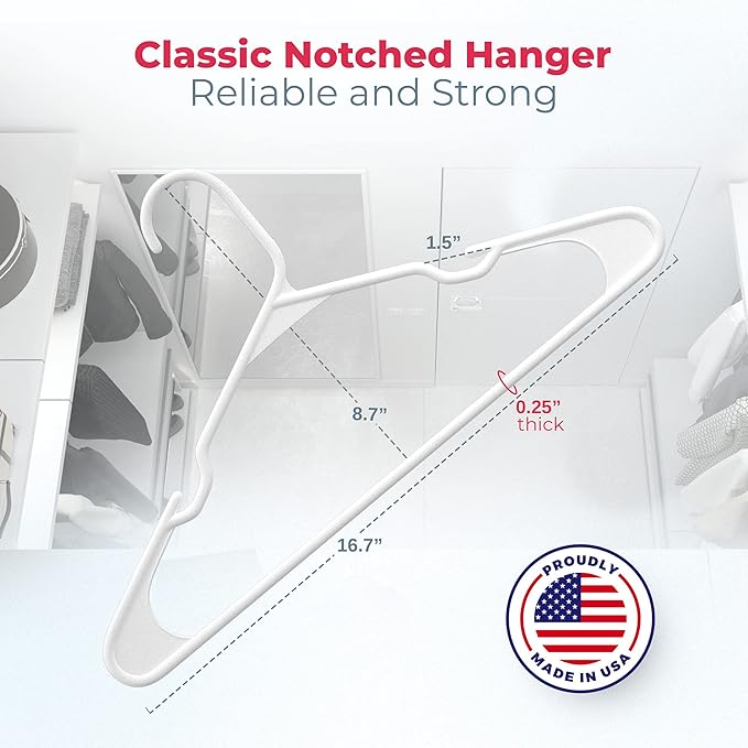 Neaties Plastic Hangers 50 Pack (60 Count) – Made in The USA – 6lb Capacity Standard Clothes Hangers with Notches and Reinforced Edges for Dresses, Lingerie, Shirts, Pants, and Jackets – White & Gray