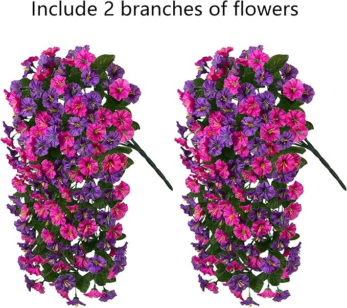 HyeFlora Artificial Fake Hanging Flowers Plants for Outdoor Outside, 2PCS Faux Silk Morning Glory Trailing Vines UV Resistant Look Real for Home Planter Porch Patio (Dark Purple and Fuchsia)