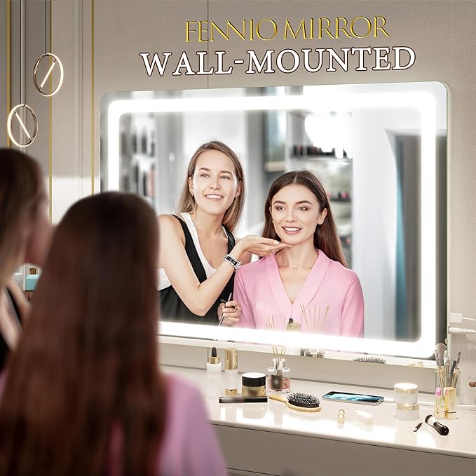 FENNIO Vanity Mirror with Lights 32"x22", Lighted Makeup Mirror, Large Vanity Mirror with Lights, Touch Sensor with 3-Color Lighting, USB Charging Port for Vanity Desk Tabletop