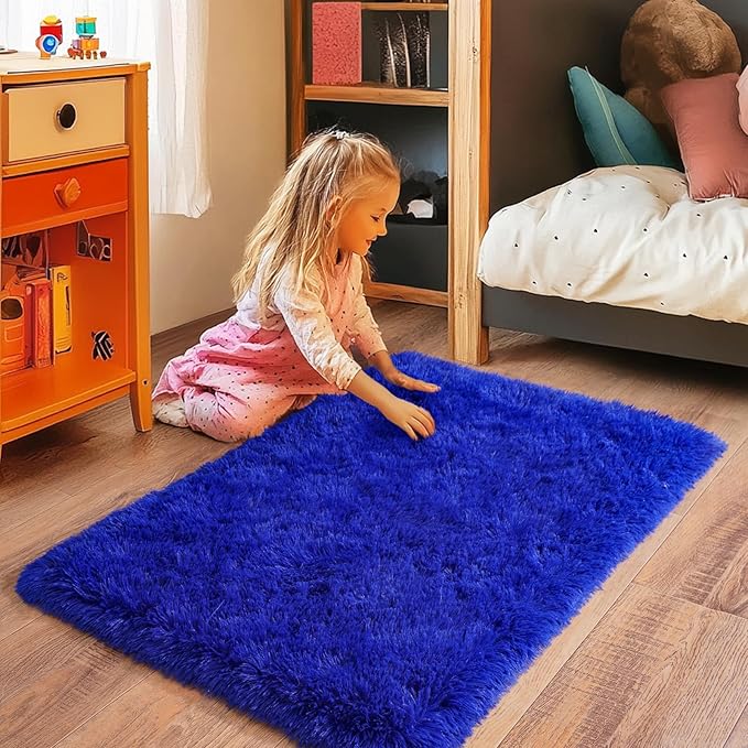 Small Rugs for Bedroom, Fluffy 2x3 Rug Throw Non Slip for Bedside Dorm Kids Room, Plush Comfy Shag Carpet for Home Decor Aesthetic, Royal Blue