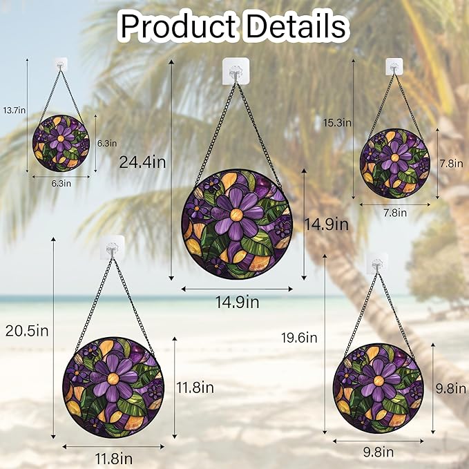 Stained Glass Window Hanging, Purple Green Flowers Sun Catcher for Door Home Decor Plants Suncatcher Christmas Mother's Day Birthday Gifts for Women Men Mom and Nana 7.8 in