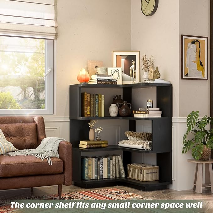 Armocity Corner Book Shelf - 4 Tier Corner Bookshelf Etagere Bookcase with Baffle, Freestanding L Shaped Display Shelf Stand for Home Office, Living Room, Bedroom, Kitchen, Black