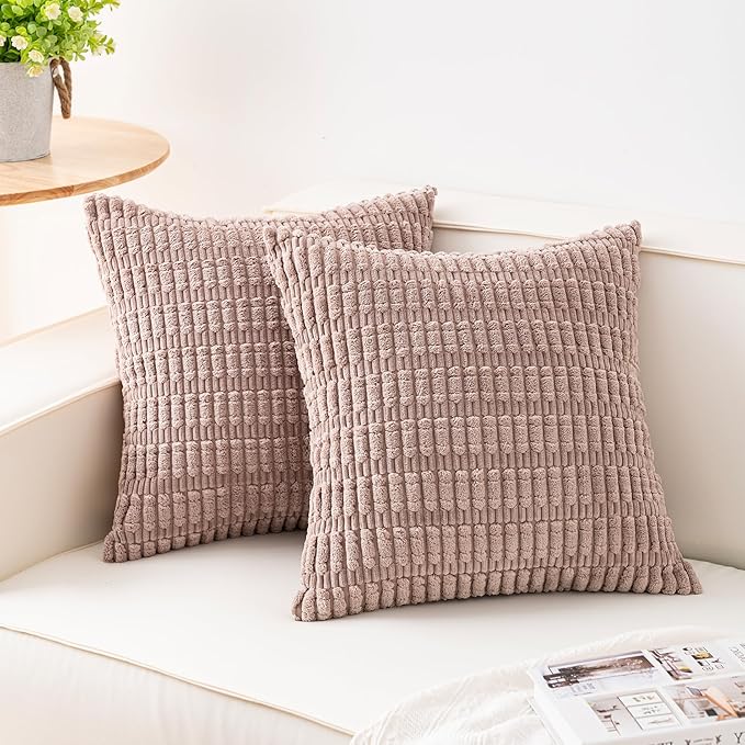 Aegero Pack of 2 Corduroy Decorative Throw Pillow Covers 16x16 Inch Soft Striped Pillow Covers Modern Farmhouse Home Decor for Sofa Living Room Couch Bed（Light Brown）