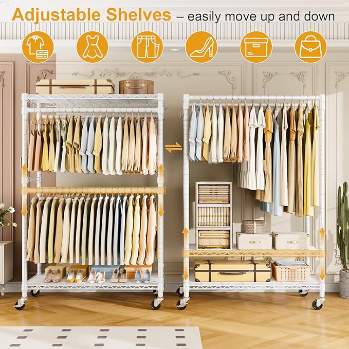 P4 Plus Rolling Clothes Rack Heavy Duty, Clothing Racks for Hanging Clothes, Free Standing Garment Racks with Wheels, Portable Closet Rack 45''W × 20.5''D × 80.5''H, Max Load 570 Lbs, White