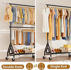 Double Rods Clothing Rack, Heavy Duty Clothes Rack for Hanging Clothes Load 560LBS, Metal Rolling Garment Racks with Wheels, Freestanding Clothes Hanging Racks, Black