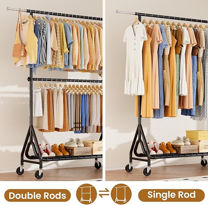 Double Rods Clothing Rack, Heavy Duty Clothes Rack for Hanging Clothes Load 560LBS, Metal Rolling Garment Racks with Wheels, Freestanding Clothes Hanging Racks, Black