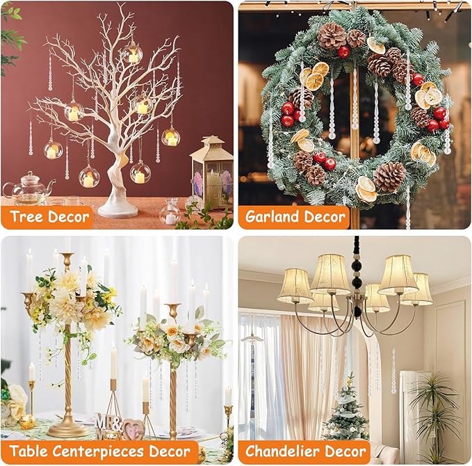 12pcs Crystal Icicle Christmas Tree Ornaments, Glass Beads Hanging Chandelier Pendants for Christmas Party Wedding Winter Decorations (White Clear)