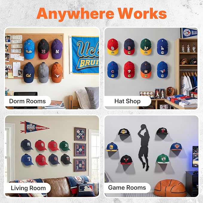 HOUSE DAY Adhesive Hat Hooks for Wall 8 Pack, Strong Hat Rack for Baseball Cap Display Organizer, Hats Holder for Wall, Door, Closet, No Drilling, Black