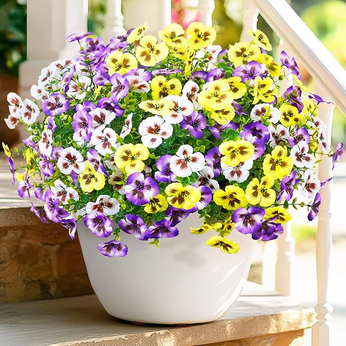 MARTINE MALL 8 Bundles Look Real Artificial Flowers for Outdoors, Realistic Fake Outdoor Flowers, UV Resistant Silk Pansy Flowers for Outside Faux Flower Plants for Outdoor Porch Garden, Mixed Colors