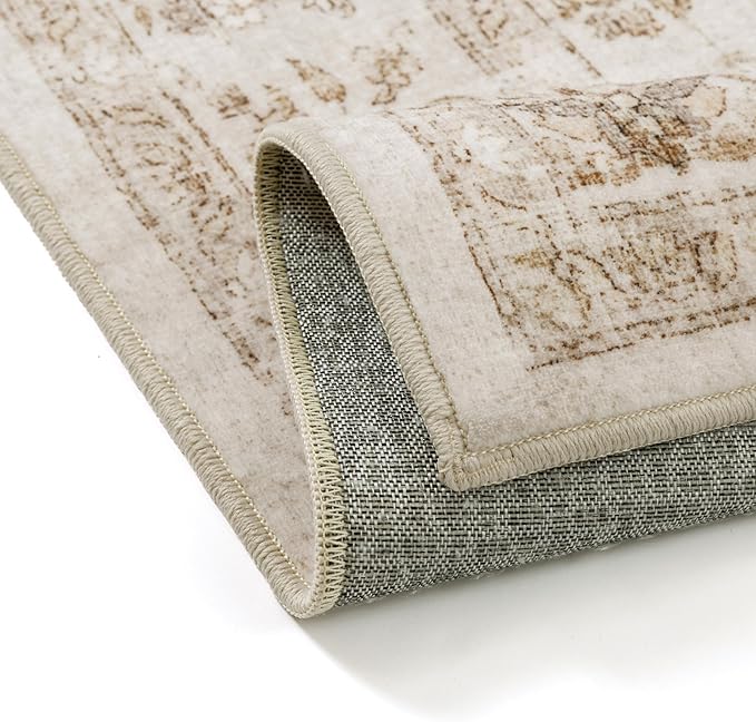 8x10 Beige Area Rug Washable Living Room Vintage Carpet Bedroom Distressed Large Non Slip Low Pile Thin Dining Room Office Medallion Accent Throw Rug