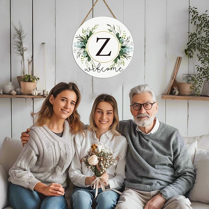 Monogram Letter Z Wreaths for Front Door Wreath Wooden Welcome Sign for Front Door Decor Floral Family Last Name Initial House Warming Spring Summer Porch Rustic Wall Home Kitchen Boho Decorations