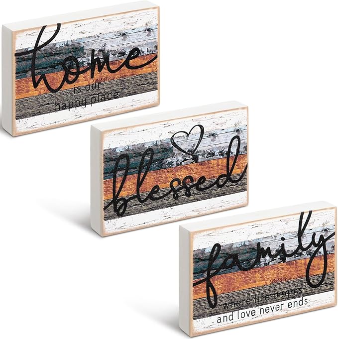 Jetec 3 Pcs Family Home Blessed Rustic Wood Sign Mini Heart Wood Decorative Sign Farmhouse Wood Decor Table Decorations Sign for Bedroom Kitchen Living Room Table Decor