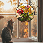 Stained Glass Window Hanging, Yellow Red Flowers Sun Catcher for Window Door Home Decor Green Plant Suncatcher Christmas Mother's Day Birthday Gifts for Women Men Mom and Nana 15 in