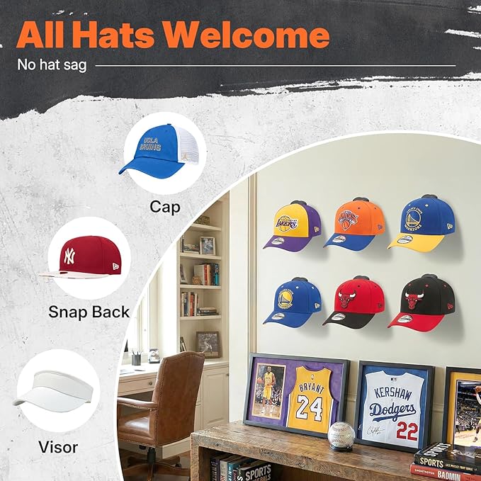 HOUSE DAY Adhesive Hat Hooks for Wall 8 Pack, Strong Hat Rack for Baseball Cap Display Organizer, Hats Holder for Wall, Door, Closet, No Drilling, Black