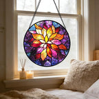 Stained Glass Window Hanging, Fuchsia Abstract Flowers Suncatcher for Window Home Decor Orange Sun Catcher Mother's Day Birthday Gifts for Women Men Mom Nana 15 in