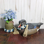 CVHOMEDECO. Wood Beads Garland with Tassels Farmhouse Rustic Wooden Prayer Bead String Wall Hanging Accent for Home Festival Decor. Blue Mix Distressed