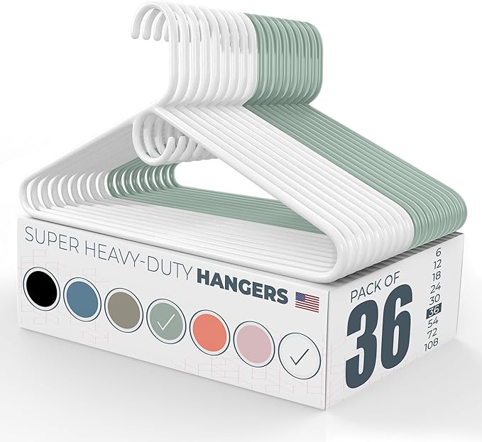 Neaties Super Heavy Duty Clothes Hangers 36 Pack – Made in the USA - 10lb Capacity, Thick Plastic Hangers for Pants, Coats, Jackets, Jeans and Adult Clothing – White & Mint