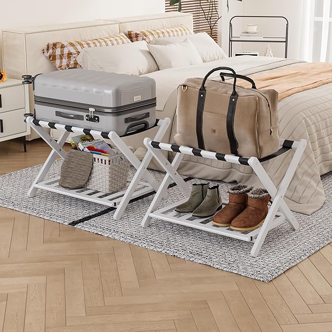 2 Packs Fully Assembled Luggage Racks with Shoe Shelf, Suitcase Stand with Fold & Lock System, Bamboo Luggage Stand Ideal for Guest Room, Bedroom, Hotel, White