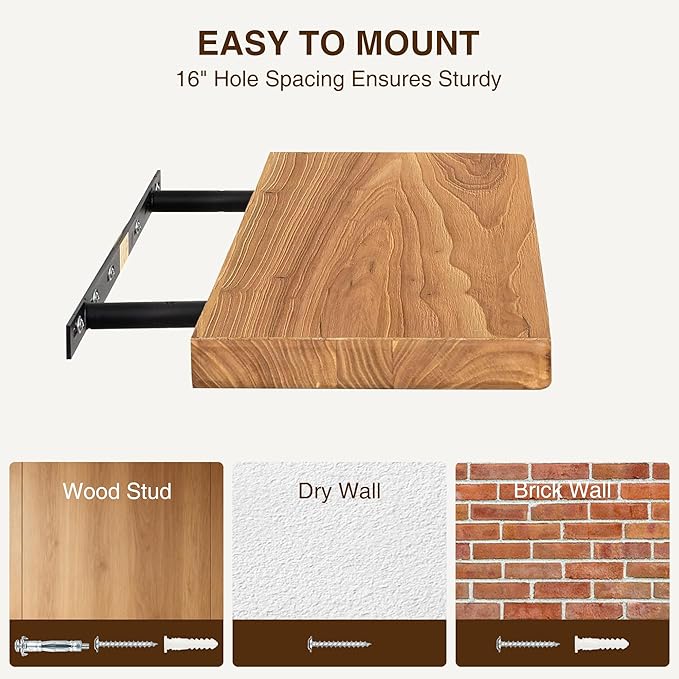 Dreamland 24" Rustic Elm Wood Floating Shelves, 8 Inch Deep Wall Shelves, Wall Mounted Floating Shelf with Invisible Bracket, Heavy-Duty Display Shelf - for Living Room, Kitchen, Bathroom, Set of 2
