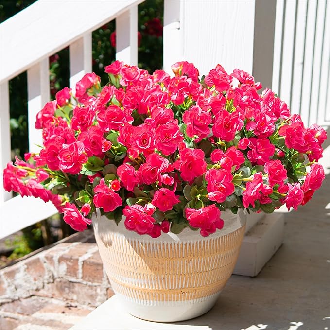 HyeFlora Artificial Faux Outdoor Flowers Plants for Spring Summer Decoration, Fake Silk Hotpink Camellia UV Resistant Look Real for Planter Outside Front Door Porch Patio Balcony, 3 Large Bundles
