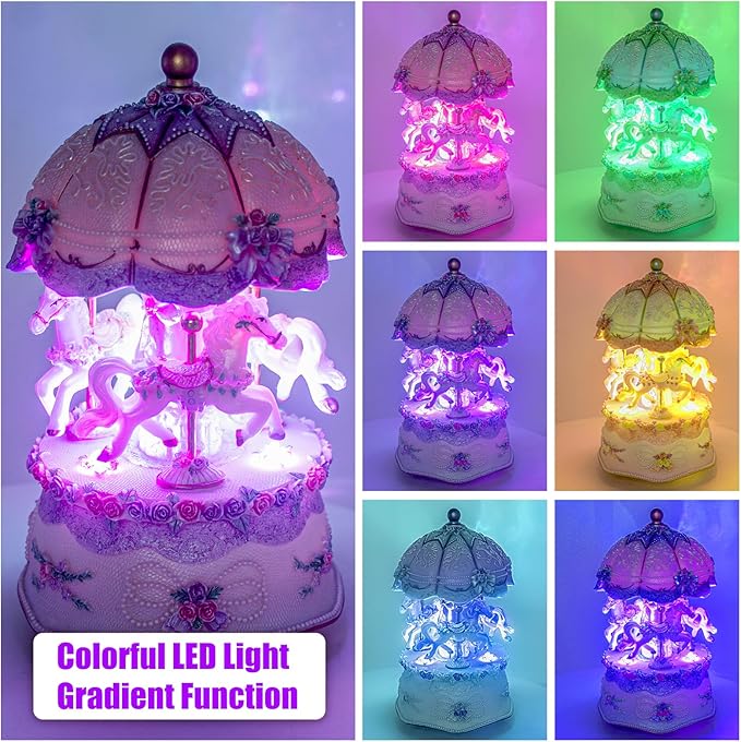 Carousel Music Box，Luxury Color Change LED Light Music Box,Luminous Rotating 3-Horse Musical Box with Gift Box for Girls Birthday Valentine Gift (You are My Sunshine, Purple)